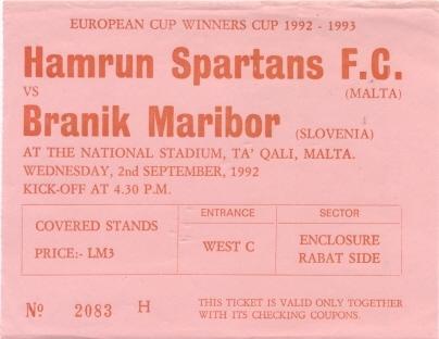 білет Hamrun Spartans Malta/Мальта-Maribor Slovenia/Словенія 1992 match ticket