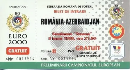 білет зб. Румунія-Азербайджан 1999 відб.ЧЄ-2000 /Romania-Azerbaijan match ticket