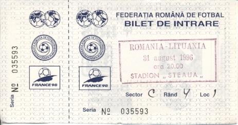 білет зб.Румунія-Литва 1996 молодіж./Romania-Lithuania U21 football match ticket