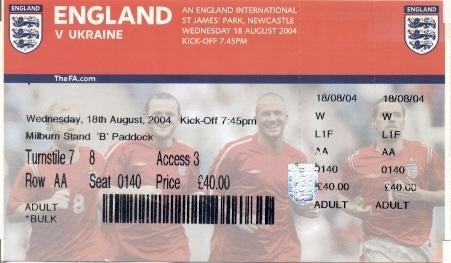 білет зб.Англія-Україна 2004 МТМ /England-Ukraine friendly football match ticket