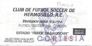 білет Мексика чемпіонат 1995-96 championship Mexico CF Hermosillo-? match ticket