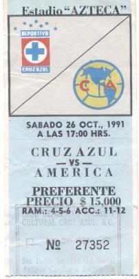 білет Мексика чемп-т 1991 championship Mexico CF Cruz Azul-America match ticket