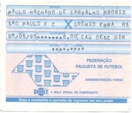 білет Бразилія чемпіонат 1995 championship Brazil Sao Paulo-Gremio match ticket