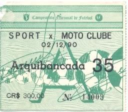 білет Бразилія чемп-т 1990 championship Brazil Sport Recife-Moto Cl.match ticket