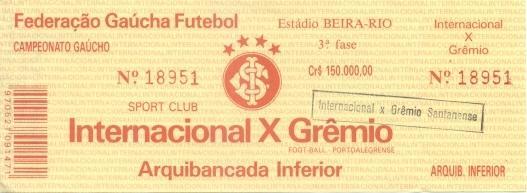 білет Бразилія чемпіонат 198.. championship Internacional-Gremio match ticket