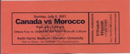 білет зб. Канада-Марокко 2001 МТМ /Canada-Morocco friendly football match ticket