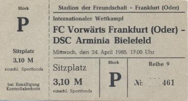 білет Vorwarts Frankfurt GDR-Arminia Bielefeld Germany/Німеч. 1985 match ticket