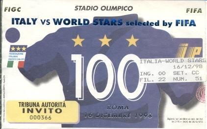 білет зб. Італія-зб.Світу ФІФА 1998 / Italy-World XI football match ticket