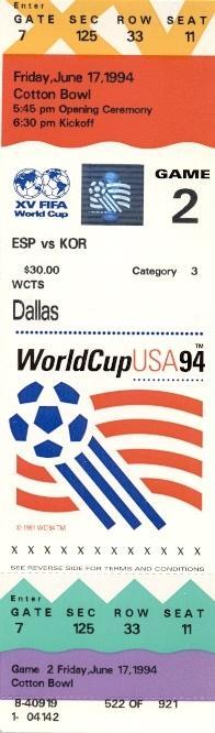 білет ЧС-1994 зб.Іспанія-Корея /World cup 1994 Spain-Korea football match ticket