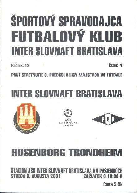 прог. Інтер/Inter Slovakia/Словач.-Rosenborg BK Norway/Норвег.2001 match program
