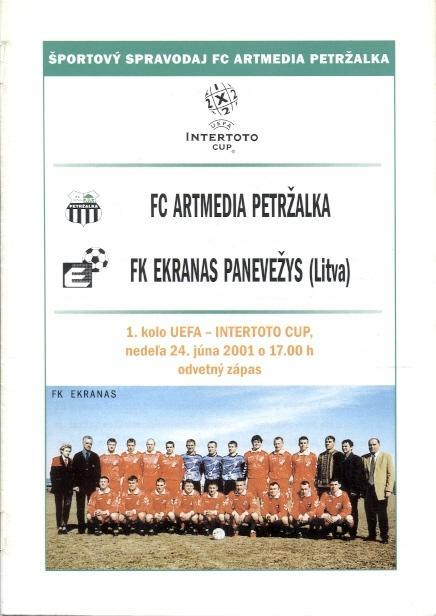 прог.Artmedia Petrzalka Slovak/Словач-Ekranas Lithuania/Литва 2001 match program