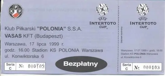 білет Polonia Warszawa Poland/Польща-Bp.Vasas Hungary/Угорщина 1999 match ticket