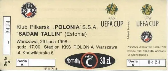 білет Polonia Warsaw Poland/Польща-Sadam Tallinn Estonia/Естон.1998 match ticket