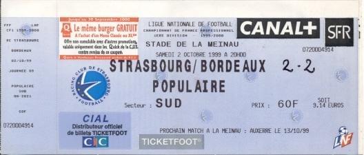 білет Франц. Championnat France RC Strasbourg-Bordeaux 1999a billet match ticket