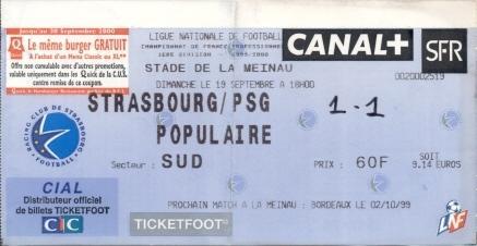 білет Франц. Championnat France RC Strasbourg-Paris SG 1999b billet match ticket