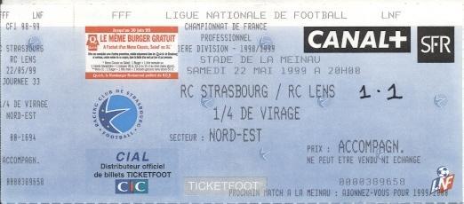 білет Франція Championnat France RC Strasbourg-RC Lens 1999 billet match ticket