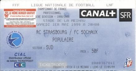 білет Франц.Championnat France RC Strasbourg-FC Sochaux 1999 billet match ticket