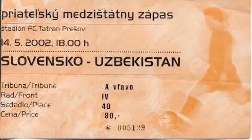 білет зб.Словаччина-Узбекистан 2002 МТМ /Slovakia-Uzbekistan friend.match ticket