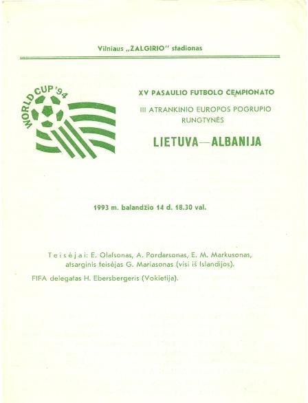 прог. зб. Литва-Албанія 1993b відбір ЧС-1994 / Lithuania-Albania match programme