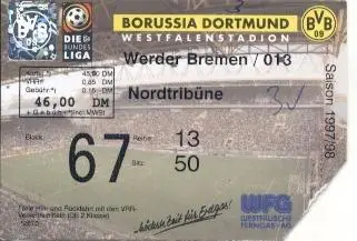 білет Bundesliga Borussia Dortmund-Werder Bremen1997 Eintrittskarte match ticket
