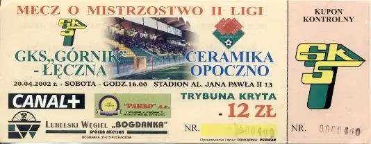 білет Польща Polska Mistrzostwo Gornik Leczna-C.Opoczno 2002 bilet match ticket