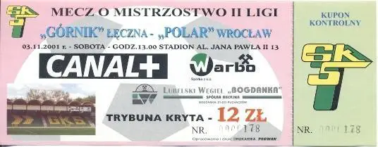 білет Польща Polska Mistrzostwo Gor.Leczna-Polar Wroclaw 2001 bilet match ticket