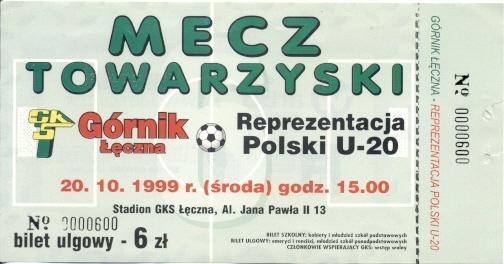 білет Польща Polska towarzyski Gornik Leczna-Polska U20 1999 bilet match ticket