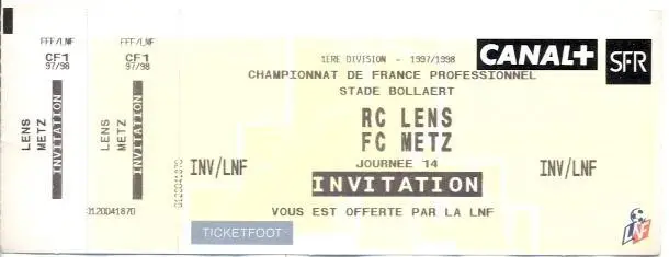 білет Франція Championnat de France RC Lens-FC Metz 1997-98 billet match ticket