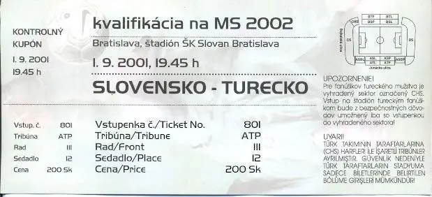 білет зб.Словаччина-Туреччина 2001 відбір ЧС-2002 / Slovakia-Turkey match ticket