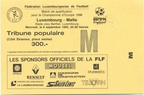 білет зб. Люксембург-Мальта 1995b відбір ЧЄ-1996 / Luxembourg-Malta match ticket