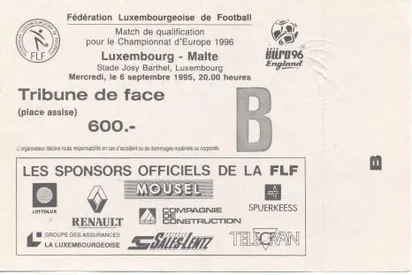 білет зб. Люксембург-Мальта 1995a відбір ЧЄ-1996 / Luxembourg-Malta match ticket