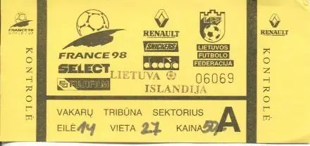 білет зб. Литва-Ісландія 1996a відбір ЧС-1998 / Lithuania-Iceland match ticket
