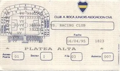 білет Аргент. Campeonato Argentina Boca Juniors-Racing 1995 entrada match ticket