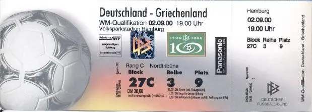білет зб.Німеччина-Греція 2000 відб.ЧС-2002/Germany-Greece football match ticket