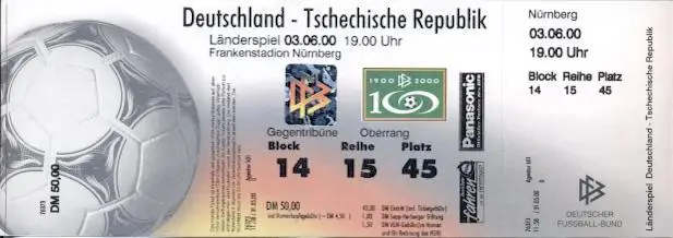 білет зб. Німеччина-Чехія 2000 МТМ /Germany-Czech friendly football match ticket
