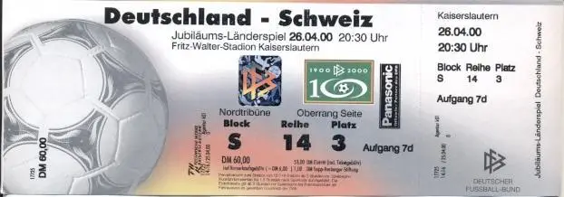 білет зб.Німеччина-Швейцарія 2000 МТМ /Germany-Switzerland friendly match ticket
