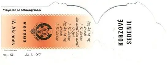 білет 1.FC Kosice Slovakia/Словач.-IA Akranes Iceland/Ісландія 1997 match ticket