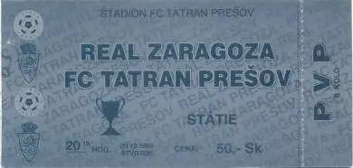 білет Tatran Presov Slovakia/Словач.-Real Zaragoza Spain/Іспан.1994 match ticket