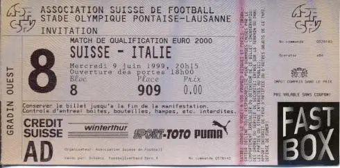 білет зб. Швейцарія-Італія 1999 відбір ЧЄ-2000 / Switzerland-Italy match ticket