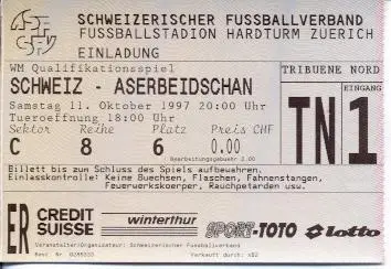білет зб. Швейцария-Азерб.1997 відб.ЧС-1998 /Switzerland-Azerbaijan match ticket