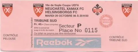 білет Xamax FC Switzerland/Швейц-Helsingborgs FC Sweden/Швеція 1996 match ticket
