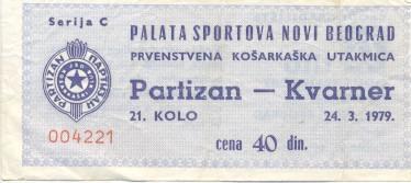 білет баскет Yugoslavia prvenstvo Partizan-Kvarner 1979 basketball match ticket
