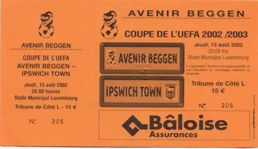 білет Avenir Luxembourg/Люксемб-Ipswich Town FC England/Англія 2002 match ticket