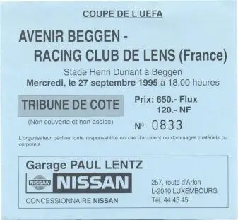білет Avenir Luxembourg/Люксембург-Racing Lens France/Франція 1995a match ticket