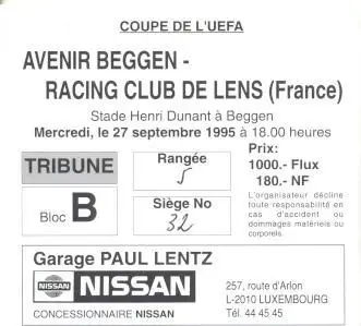 білет Avenir Luxembourg/Люксембург-Racing Lens France/Франція 1995b match ticket