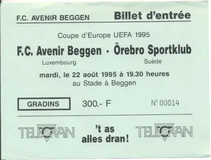 білет FC Avenir Luxembourg/Люксембург-Orebro SK Sweden/Швеція 1995a match ticket