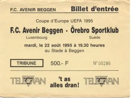 білет FC Avenir Luxembourg/Люксембург-Orebro SK Sweden/Швеція 1995b match ticket
