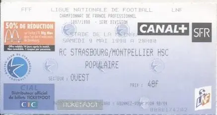 білет Франц. Championnat France Strasbourg-Montpellier 1998a billet match ticket