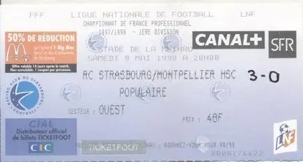 білет Франц. Championnat France Strasbourg-Montpellier 1998b billet match ticket