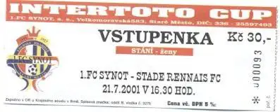 білет 1.FC Synot Czech/Чехія-Ренн/Stade Rennais France/Франція 2001 match ticket